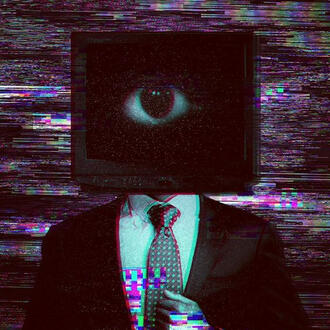 a picture of a man in a suit in front of a glitching background, his head is replaced with a shadowy box and a singular eye.