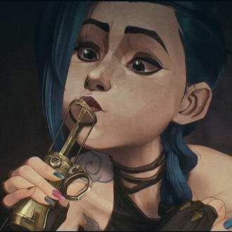 jinx from arcane resting her chin on the plunger of a needle